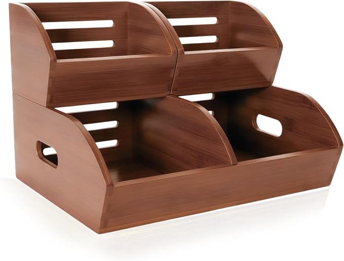 Stackable Bamboo Produce Storage Bin with Ventilation & Handles | 3 Pack, Walnut Wood Finish, Holds Root Crops, Fruits & Bread, Great For Pantry, Home And Hotel Kitchen Storage by GrowBou