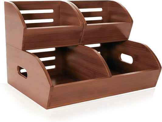 Stackable Bamboo Produce Storage Bin with Ventilation & Handles | 3 Pack, Walnut Wood Finish, Holds Root Crops, Fruits & Bread, Great For Pantry, Home And Hotel Kitchen Storage by GrowBou