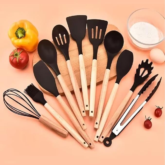 Silicone Cooking Utensils, 12pcs Silicone Cooking Utensils Kitchen Utensil Set, Heat Resistant Kitchen Cookware with Wooden Handle for Nonstick Cookware, Black - Image 3
