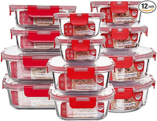 12 Pack Glass Storage Containers Transparent, Stackable Design Meal Prep Containers for Food Storage, Home, Kitchen & Pantry Organization, Microwave/Freezer/Dishwasher Safe by MakingLifeMuchFuller
