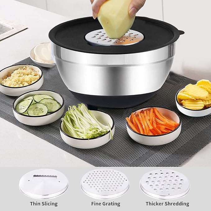 Rottay 20PCS Stainless Steel Mixing Bowls with Airtight Lids Set | Includes 3 Grater Attachments and Non-Slip Bottoms with Size 7, 4, 3, 2, 1.5, 1QT Nesting Bowls for Baking, Meal Prep - Image 2