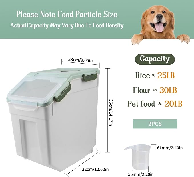 Large Flour Storage Container Bin 25lb, 2Pack Airtight Rice Storage Containers with Wheels Seal Locking Lid, BPA Free with Measuring Cup&Scoop for Flour, Rice, Grain(Green) - Image 2