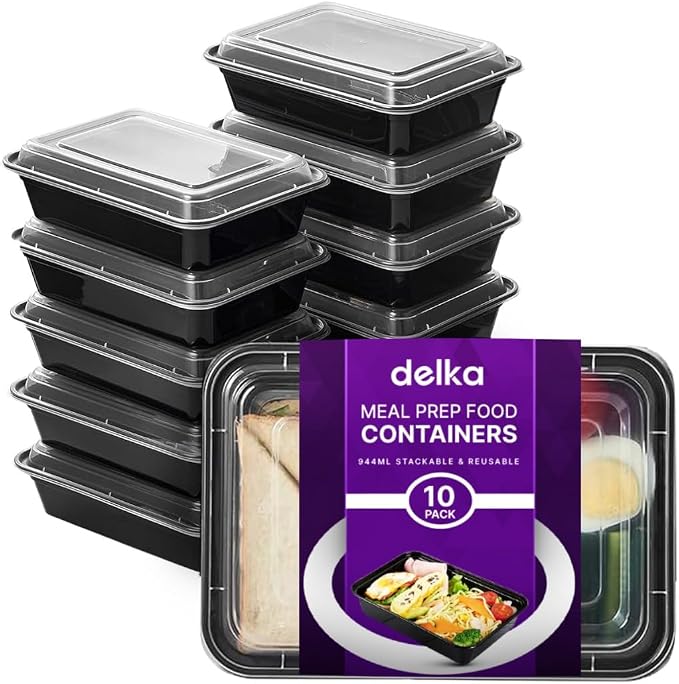 delka Meal Prep Containers -944ml | BPA-Free, Reusable Food Storage Boxes | Microwave, Freezer & Dishwasher Safe | Leakproof & Stackable for Healthy Meal Planning & Portion Control (10 Pack) by delka