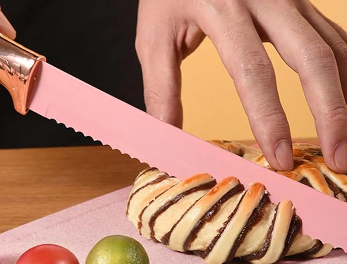 19 Piece Kitchenware Utensils and Knife Set- includes: 9 Piece Silicone Cooking Utensils- 5 Piece Sharp Stainless Steel Chef Knives- Scissors -Whisk Tongs and Cutting Board (Pink) - Image 2
