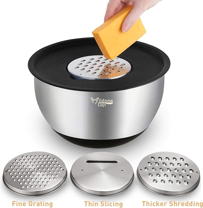 Wildone Mixing Bowls with Airtight Lids Set, 5PCS Stainless Steel Nesting Bowls for Kitchen, with Grater Attachments & Non-Slip Bottoms, Size 5, 3, 2, 1.5, 0.63 QT, Great for Mixing & Serving - Image 3