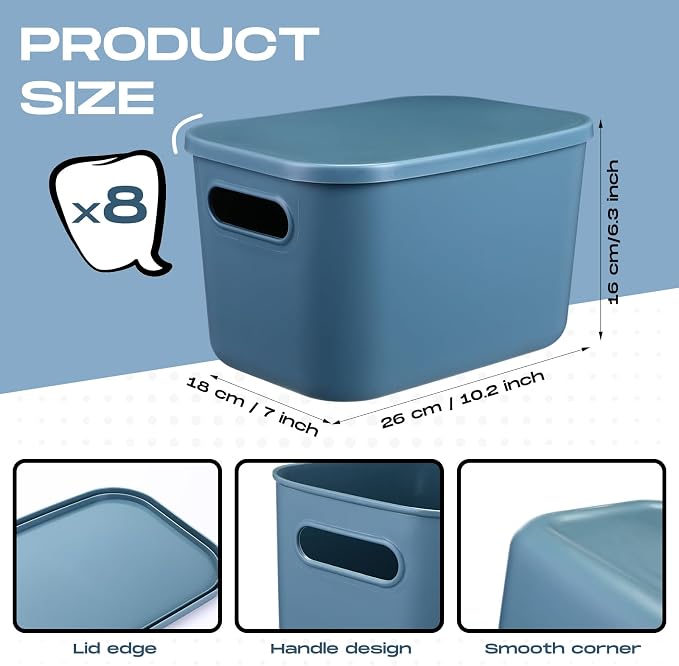 8 Pieces Colorful Storage Bins with Lid, Plastic Storage Basket Organizing Container Stackable Box with Handle for Shelves Desktop Playroom Office(16.1 x 12.0 x 9.7 Inch,Blue) - Image 2