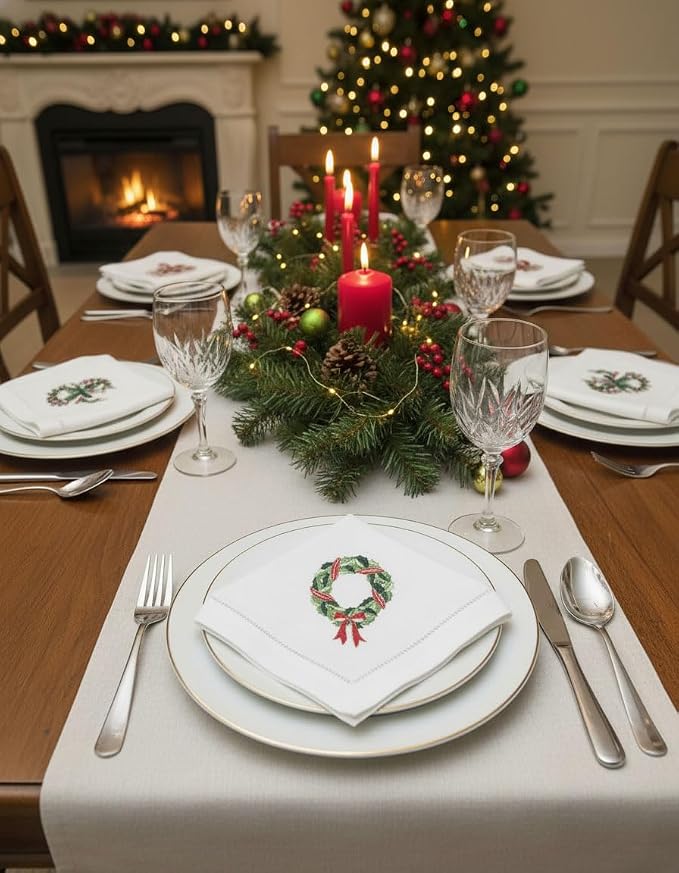 Embroidered Cotton Napkins Christmas 20x20 (Leaf Holly Wreath Christmas) - Image 4
