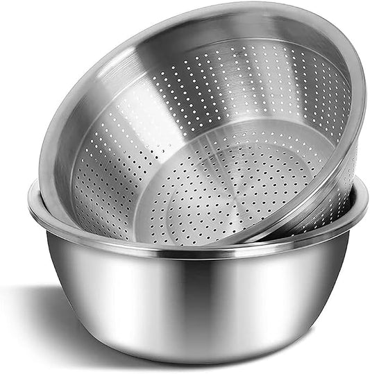 meleg otthon Stainless Steel Mixing Bowls, 5.8QT Salad Bowl, Metal Bowls with Water Filter Basin, Stainless Steel Basin, Heavy Duty Deeper Edge Mirror Finish Dishwasher Safe Bowl (L) by meleg+otthon