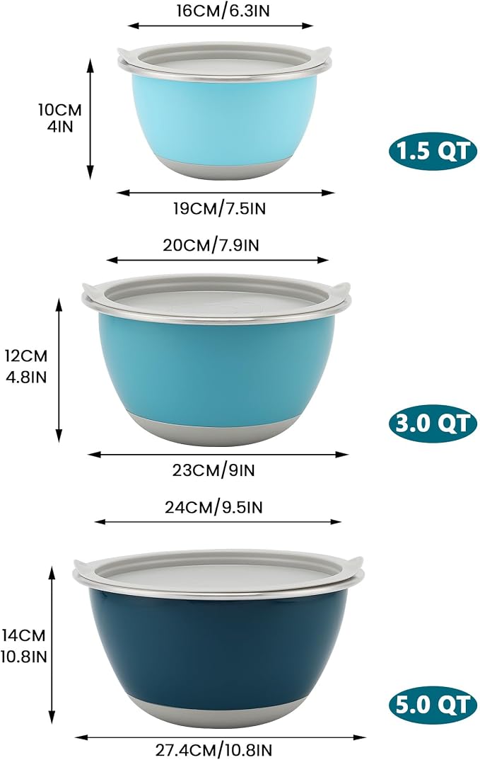 18/8 Stainless Steel Mixing Bowls Set with Lids,1.5,3 & 5 Qt,Blue | Non-Slip Silicone Base & Measurement Marks, Airtight Food Storage for Baking, Cooking & Meal Prep，Nesting Design - Image 2