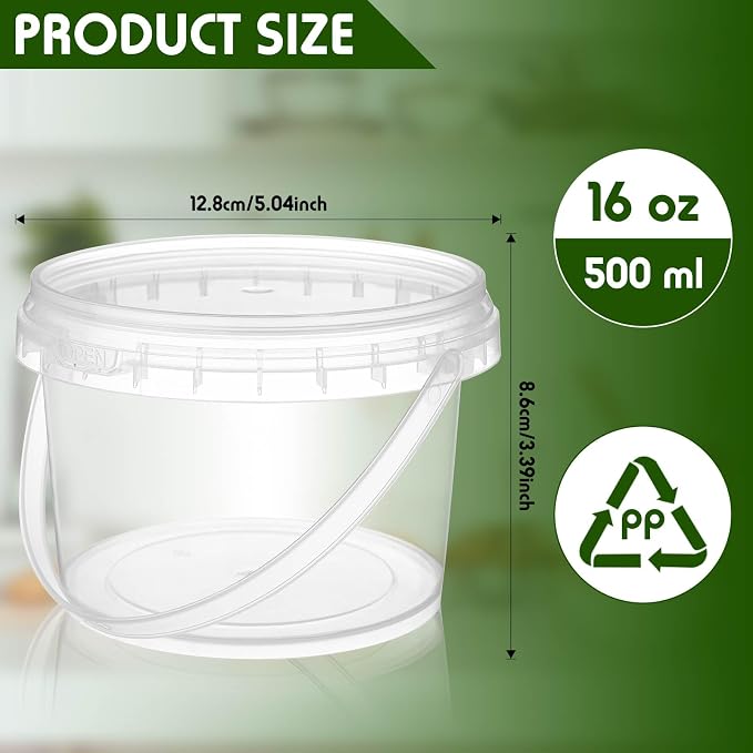 50 Pcs Food Clear Bucket Plastic Gallon Bucket Round Reusable Ice Cream Containers with Lids and Handles Airtight Clear Plastic Tub Freezer Reusable Pail for Popcorn Kitchen Drinks Home(16oz) - Image 2