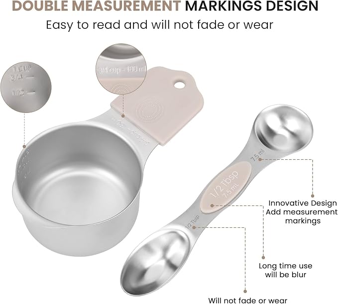Magnetic Measuring Cups and Spoons Set-Heavy Duty 304 Stainless Steel，Double Measurement Markings，Set of 16 with Leveler for Measure Dry and Liquid Ingredients (khaki) - Image 4