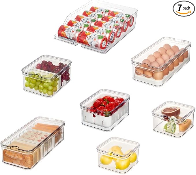 iDesign Crisp 7-Piece Recycled Plastic Refrigerator Organizer Bin Set with Lids, Clear/White by iDesign