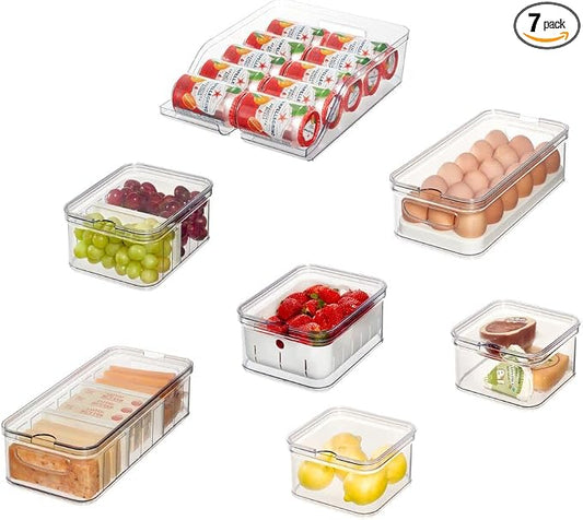 iDesign Crisp 7-Piece Recycled Plastic Refrigerator Organizer Bin Set with Lids, Clear/White by iDesign