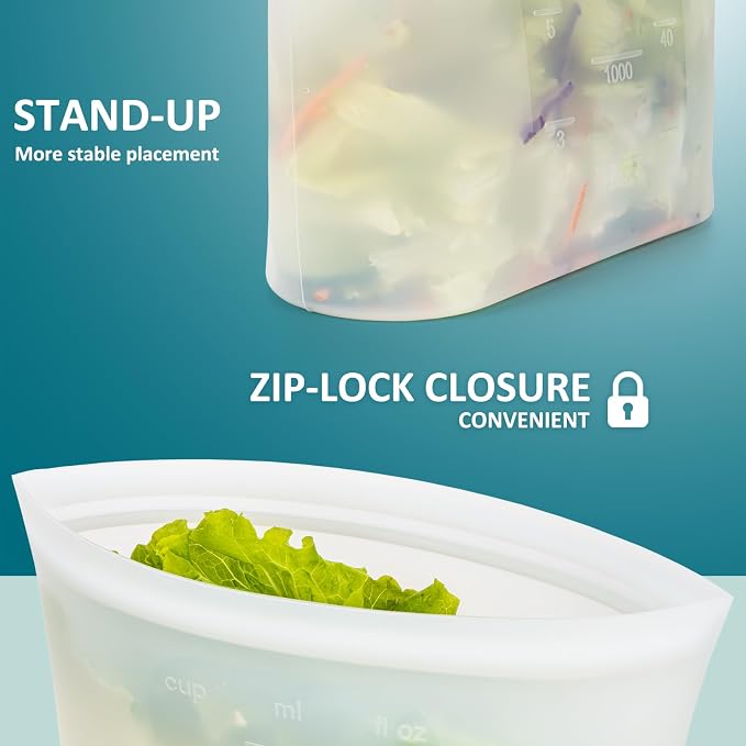 Large Reusable Silicone Food Storage Bags 4 Pack, 0.5 Gallon/2000ml, 100% Silicone Stand-Up Wide-Open Zip-Lock Reusable Bags for Large Items, Microwave Freezer Oven Dishwasher Safe, Translucent - Image 3