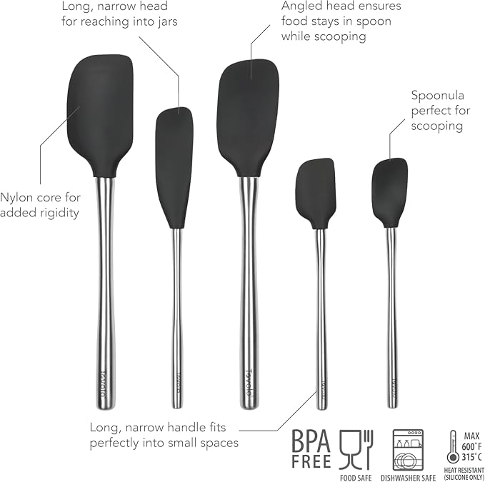 Tovolo Stainless Steel Handled Silicone Spatula Set of 5, Dishwasher Safe Kitchen Spatula Set for Cooking Baking, BPA Free Silicone Spatula set with Metal Steel Handle, Black - Image 2