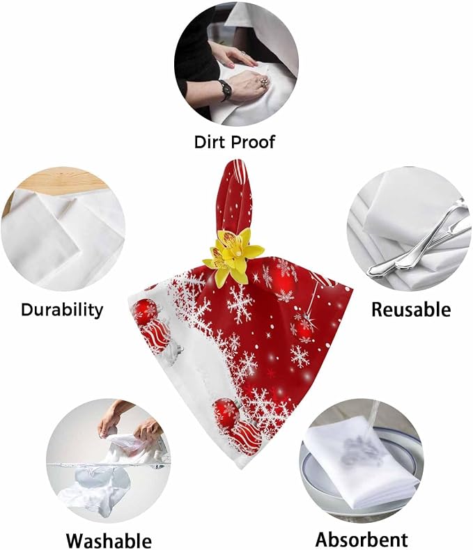 Red Christmas Dinner Cloth Napkins Set of 8, Xmas Ball Winter Snowflake Washable Cocktail Cloth Napkins, Sliver Needles Reusable Table Napkins for Wedding Holiday Party, 20 x 20 Inch - Image 8