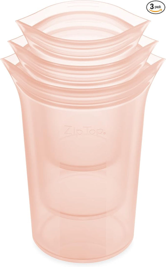 Zip Top Reusable Food Storage Bags | 3 Cup Set [Peach] | Silicone Meal Prep Container | Microwave, Dishwasher and Freezer Safe | Made in the USA by ZipTop