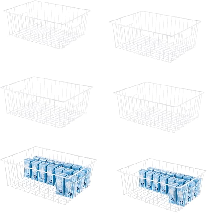Upright Freezer Organizer Bins， Freezer Baskets for 16, 17, 21 cu.ft Standup Freezer, Wire Storage Baskets with Built-in Handles for Frozen Foods, Snacks, Vegetables, Fruits and More, Set of 6 , White by lonpute