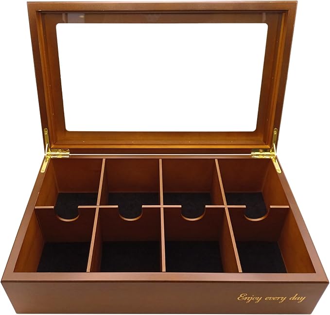 BJOYFUL&LOVED Wooden Tea Box with Glass Lid, 8-Compartment, Walnut Color | Removable Dividers Customize Storage for Tea Bags, Sugar Packets, Coffee Capsules, Jewelry, Watches and Small Accessories by BJOYFULLOVEDBJL