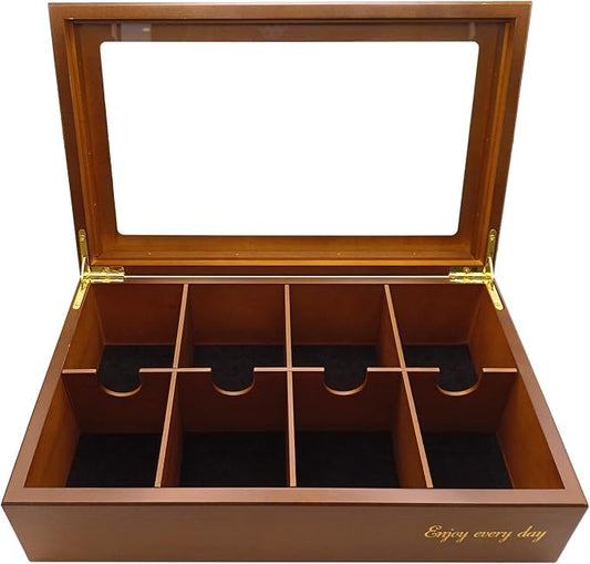 BJOYFUL&LOVED Wooden Tea Box with Glass Lid, 8-Compartment, Walnut Color | Removable Dividers Customize Storage for Tea Bags, Sugar Packets, Coffee Capsules, Jewelry, Watches and Small Accessories by BJOYFULLOVEDBJL