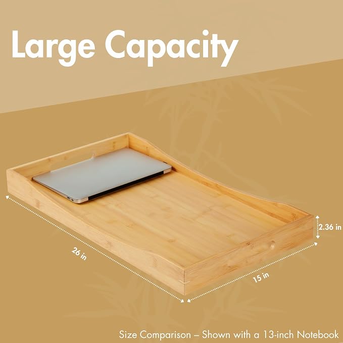 GOBAM Bamboo Extra Large Ottoman Tray, 26 x 15 inches - Wooden Tray for Dining Table & Parties, Serving Tray with Handles for Food, Cheese, Snacks, Tea, Coffee & Wine - Image 2