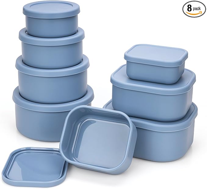 100% Silicone Food Storage Containers with Lids, 8 Pack, 10oz to 51oz, Reusable Leakproof Nesting & Stackable Silicone Bento Lunch Box, Microwave Freezer Dishwasher Oven Safe, BPA Free, Slate Blue by Annaklin