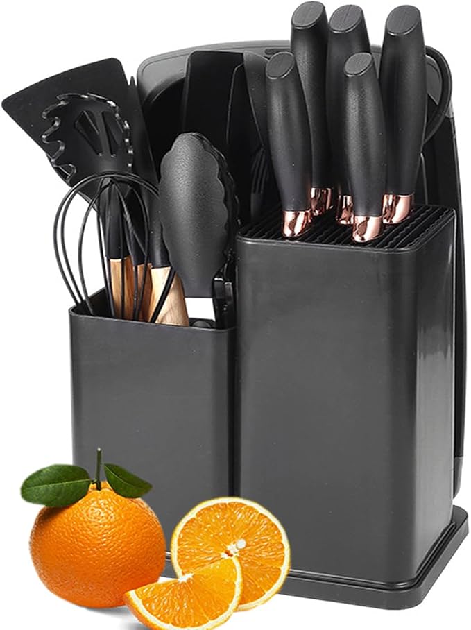 19 Pcs Kitchen Cooking Utensils and Knife Set with Block, Include 11 Pcs Silicone Cooking Utensils Set 5 Pieces Sharp Stainless Steel Chef Knives Scissors Whisk Tongs and Cutting Board (Black) by YAQIZENG