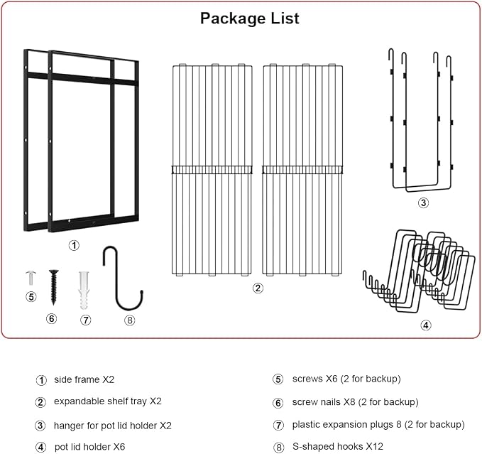 31 Inch Pot Rack Wall Mounted, 2-Tier Hanging Pots and Pans Organizer Expandable Heavy Duty Kitchen Shelves with 6 Pot Lid Holders and 12 Hooks for Kitchen Cookware Utensils Storage - Image 7
