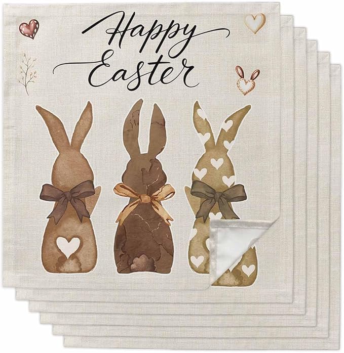 Kitchen Dinner Napkins Set of 6, Happy Easter Cloth Napkins Reusable Washable Table Napkins for Weddings Cocktail Parties Holiday Table Decor 20x20 Inch Brown Bunny Vintage Burlap Backdrop by Unknown