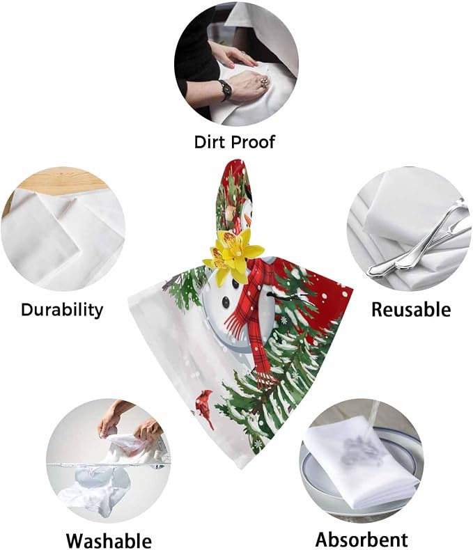 Red Snowman Christmas Cloth Napkins, Washable and Reusable Dinner Napkins Set of 4, Xmas Tree Snowflake Winter Birds Table Napkin for Kitchen Party Birthday Wedding Hotel Housewarming 20''x20'' - Image 6