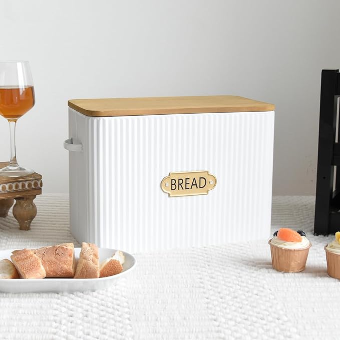 EMAX HOME Vertical Stripes Extra Large Space Saving Farmhouse Bread Box with Wood Lid - Holds 2 Loaves - White Vertical Breadbox Bread Storage Bin Holder for Kitchen Countertop by EMAXHOME