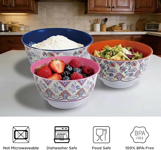 TP Melamine Mixing Bowl Set with Lids, Salad Bowl Set of 3, Ottoman Floral | Nesting Design,Break-resistant,Pasta & Salad Prep, Baking Prep, Space-saving Storage, Freezer Safe, Dishwasher Safe - Image 5