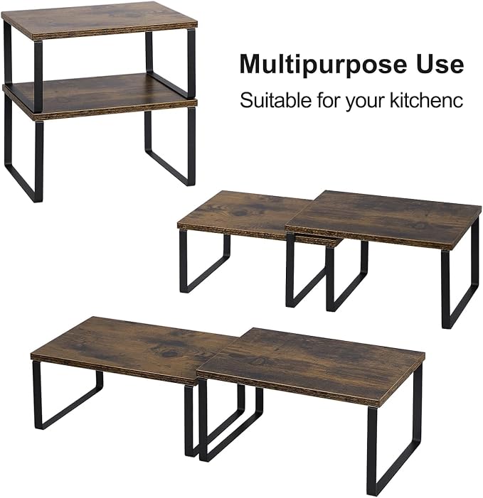 NEX Kitchen Cabinet and Counter Shelf Organizer, Shelf Riser for Pantry Countertop Cupboard Desk Top, Stackable & Expandable, Set of 4, Black and Rustic Brown | Stackable & Expandable Spice Rack, Space-Saving Pantry Organizers Bathroom Countertop Stora... - Image 5