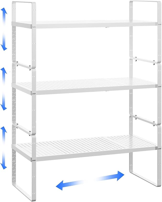 Expandable Kitchen Cabinet Shelf Organizer 16.5"-27" L x 8" W, White | 80LBS Heavy Duty Riser, Adjustable Counter Shelf for Cabinets, Countertop, Cupboard Organizers and Storage, Spice Rack by LOCVCDA