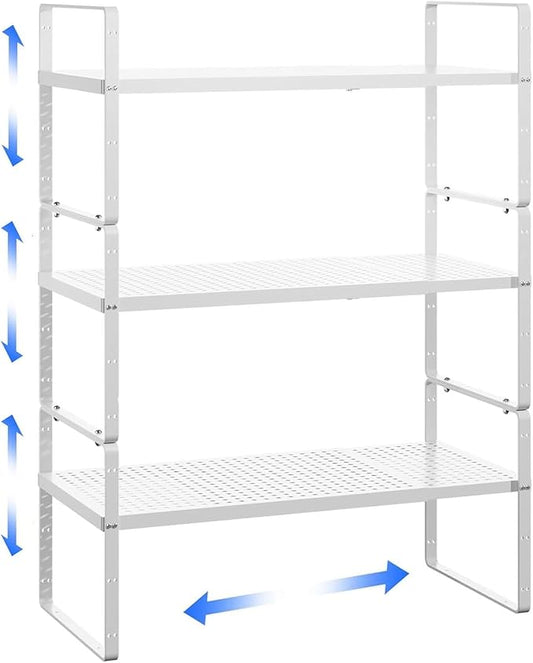 Expandable Kitchen Cabinet Shelf Organizer 16.5"-27" L x 8" W, White | 80LBS Heavy Duty Riser, Adjustable Counter Shelf for Cabinets, Countertop, Cupboard Organizers and Storage, Spice Rack by LOCVCDA
