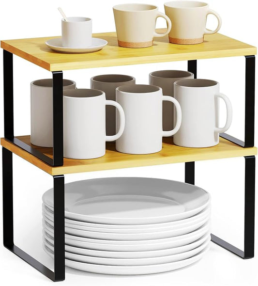 SpaceAid Cabinet Shelf Organizers 2 Pack, Kitchen Counter Rack Shelves Riser, Stackable Expandable Spice Rack, Pantry Cupboard Storage Organization (Black and Natural, Short) by SpaceAid