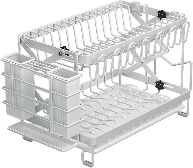 Good Grips Carbon Steel Fold Flat Dish Drying Rack, 2-Tier, with Drainboard, for Kitchen Counter, Collapsible (White) - Image 3