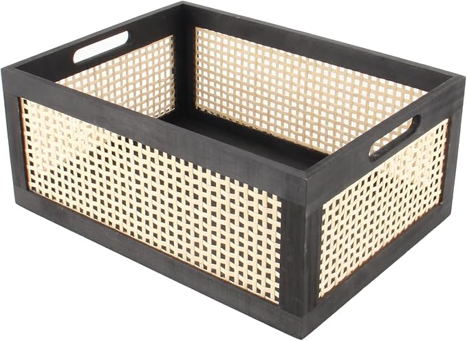 Black Wooden Basket, Rattan Storage Basket for Organizing, 14.96"x11.02"x6.30" by HODAKJUE