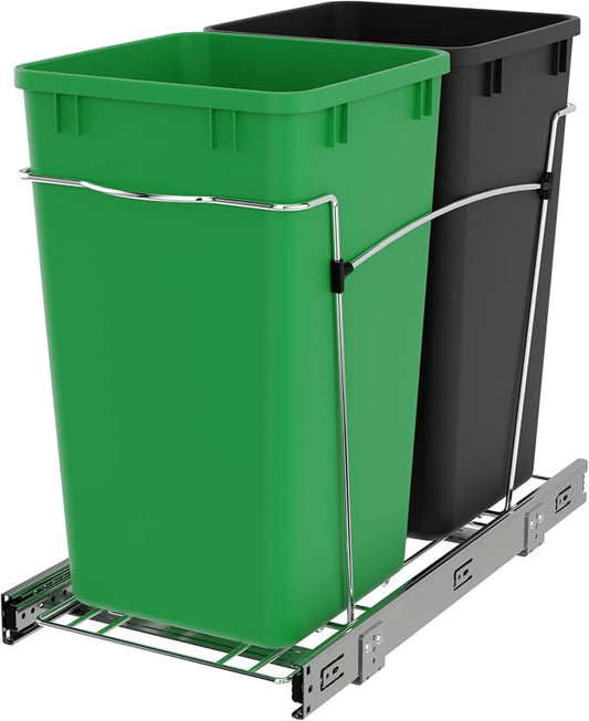 Rev-A-Shelf Pullout Trash Can for Kitchen Cabinets 27 Qt Garbage Recycling Bin with Full Extension Slide, Green/Black, RV-15KD-1918C-S by Rev-A-Shelf