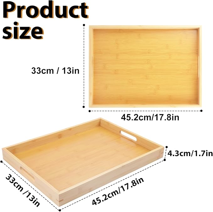 4 Pack 18 x 13 Inch Bamboo Serving Trays with Handle, 18 x 13 x 1.4inch Rectangular Bamboo Bed Trays, Large Lap Trays for Eating on Couch, Perfect for Breakfast, Tea, Bar, Dinner, and Parties - Image 2