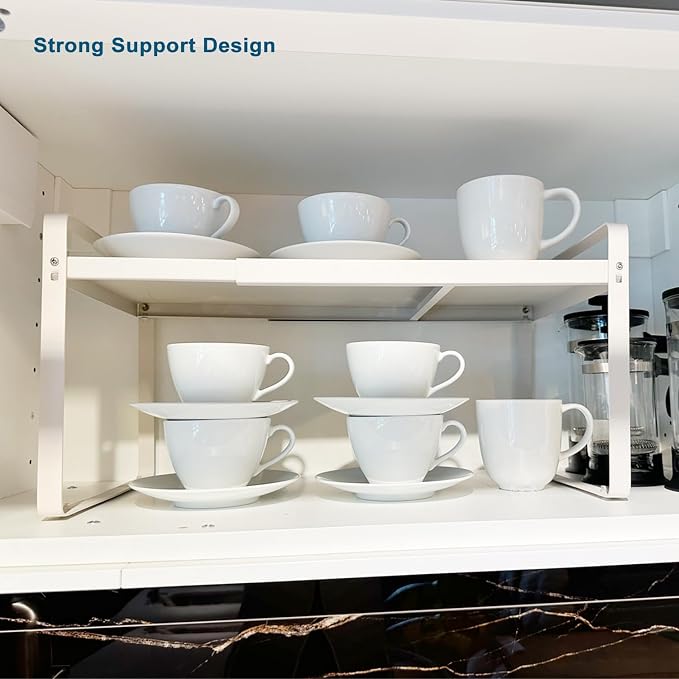 Set of 2 Expandable Cabinet Shelf Organizer, White Kitchen Countertop Shelves, Stackable Metal Pantry Storage Organizer for Cupboard, Spice Rack - Image 4