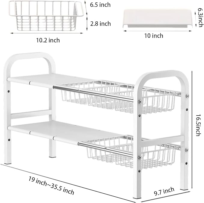 Under Sink Organizer，2 Tier Expandable Heavy Duty Metal Shelf，with 5 Removable Panels and 5 Storage Basket for Under Kitchen Bathroom Sink Organizers and Storage(White, Large) - Image 2