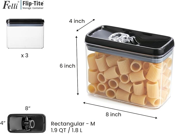 Felli Flip Tite Storage Container with Lid 4” RECTANGULAR Airtight Ring Flip Top, Stackable Kitchen Counter Pantry Organizer Acrylic Canister Jar for Pasta Spaghetti Cereal Granola Coffee (1.9qt) - Image 3