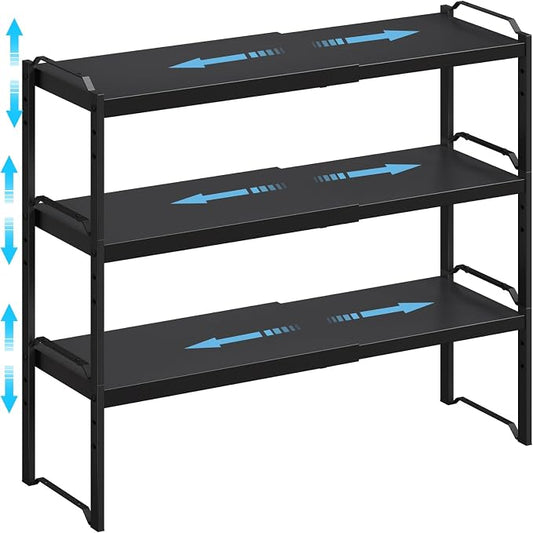 X-cosrack 25.5 Inches 3 Pack Expandable Cabinet Shelves, Stackable Shelf Organizer for Kitchen Cabinet Countertop Storage, Adjustable Counter Cupboard Pantry Organizer Shelf Rack Stand Riser, Black by X-cosrack
