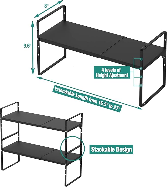SUZLON Expandable Cabinet Shelf Organizer Rack, Stackable Kitchen Counter Storage Shelves Stand, Adjustable Height Pantry Shelf Spice Rack, Heavy Duty Nonslip Black Small 3Pack - Image 2