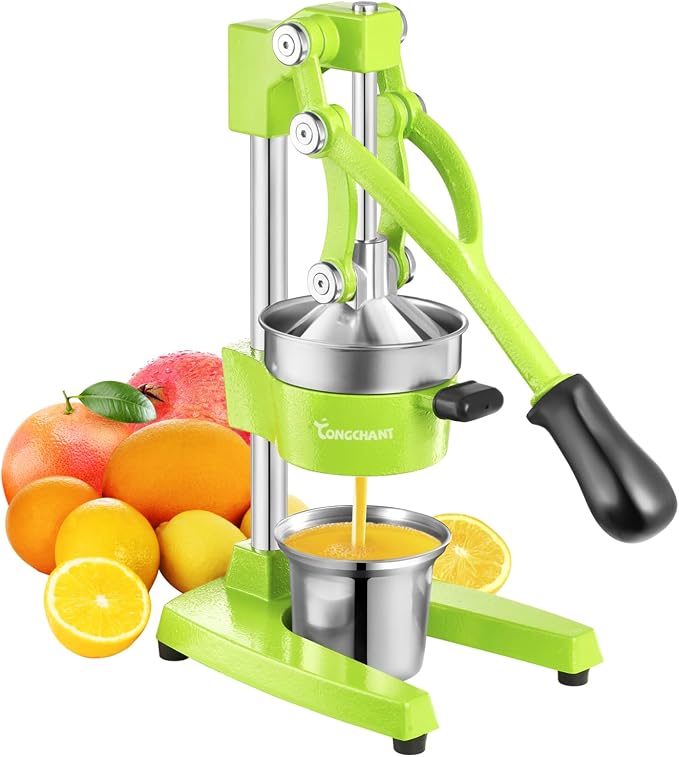 TONGCHANT Cast Iron Manual Juicer for Orange Lemon Lime Pomegranate &Citrus | Heavy Duty Orange Juicer Squeezer, Hand Press Juicer, Citrus Press, Stainless Steel Cup, Easy to Clean, Green by TONGCHANT