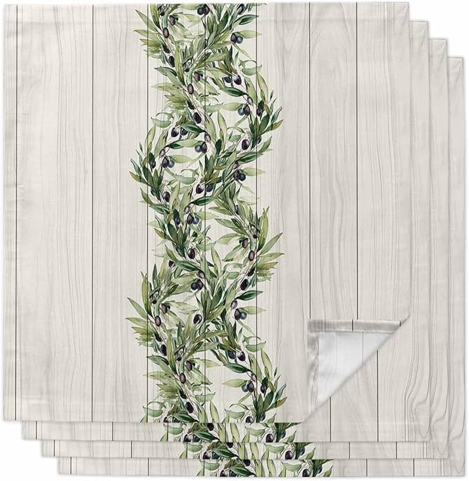 Kitchen Dinner Napkins Set of 4, Vintage Olive Leaf Cloth Napkins Reusable Washable Table Napkins for Weddings Cocktail Parties Holiday Table Decor 20x20 Inch Farmhouse Wooden Grain by Unknown