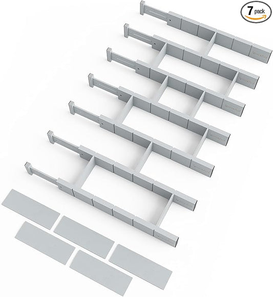 SpaceAid Bamboo Drawer Dividers with Inserts and Labels, Kitchen Adjustable Drawer Organizers, Expandable Organization for Home, Office, Dressers, 7 Dividers with 15 Inserts (17"-22" Gray) by SpaceAid