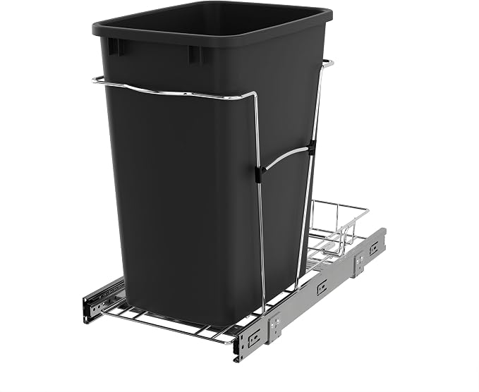 Rev-A-Shelf Pullout Trash Can for Kitchen Cabinets, Black Waste Bin, 35 Qt | Large Capacity Garbage/ Recycling Waste Container, Heavy Gauge Metal Wire Construction w/Full Extension Slides, RV-12KD-18C S by Rev-A-Shelf