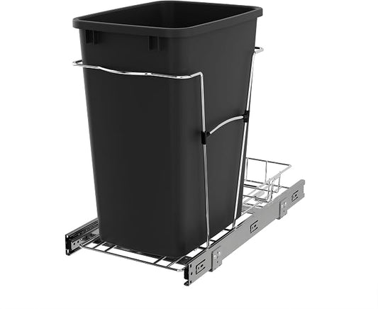 Rev-A-Shelf Pullout Trash Can for Kitchen Cabinets, Black Waste Bin, 35 Qt | Large Capacity Garbage/ Recycling Waste Container, Heavy Gauge Metal Wire Construction w/Full Extension Slides, RV-12KD-18C S by Rev-A-Shelf